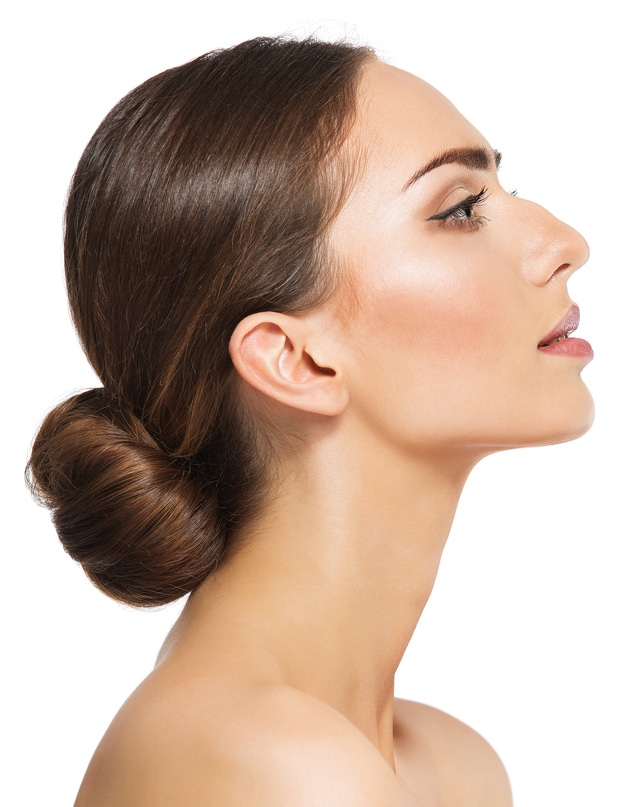Woman Rhinoplasty. Women Nose Shape Before and After Plastic Surgery. Beauty Model Profile Side View over isolated White background