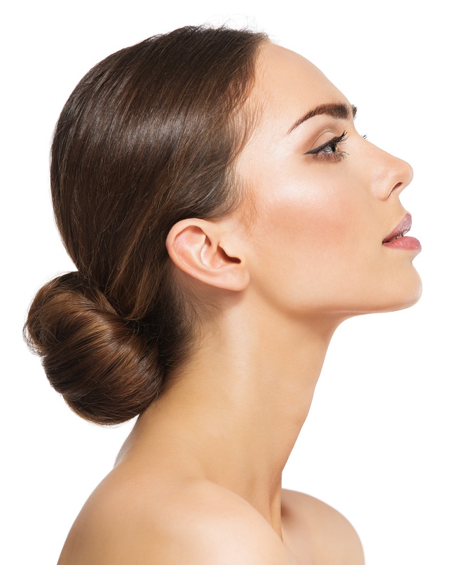 Woman Rhinoplasty. Women Nose Shape Before and After Plastic Surgery. Beauty Model Profile Side View over isolated White background